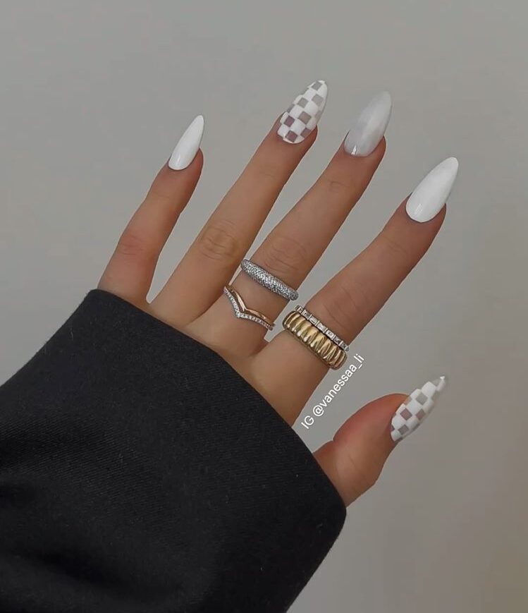 White Checkered Nails