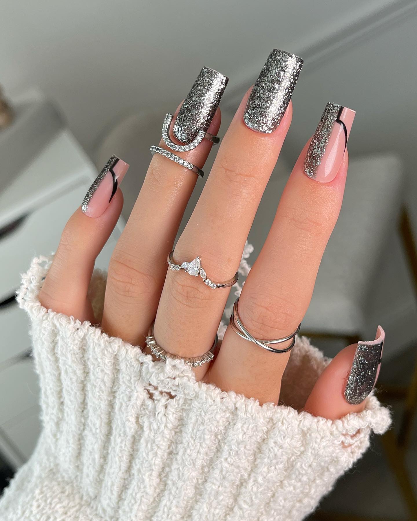 Long Square Grey Nails with Glitter