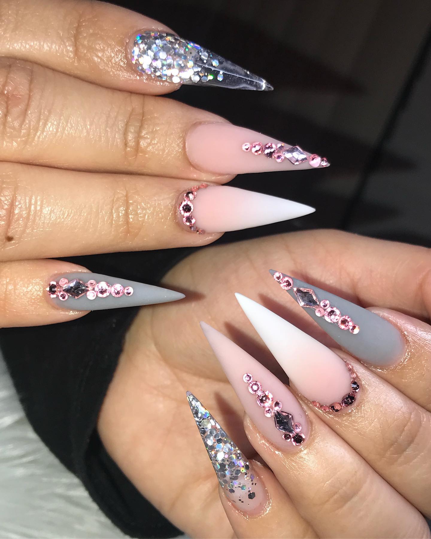 Long Stiletto Grey Matte Nails with Rhinestones