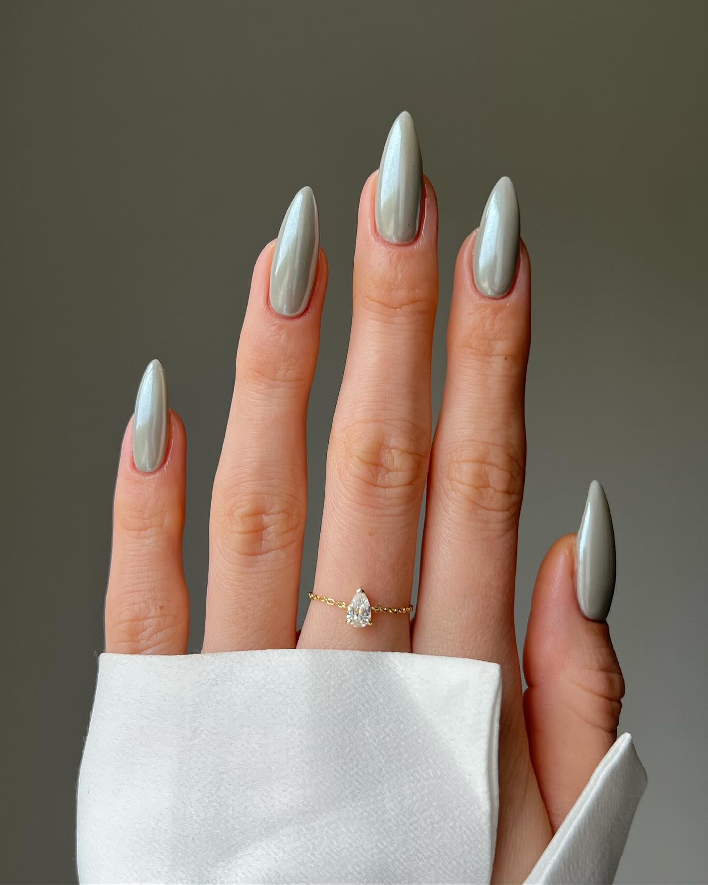 Long Almond Grey Chrome Nails