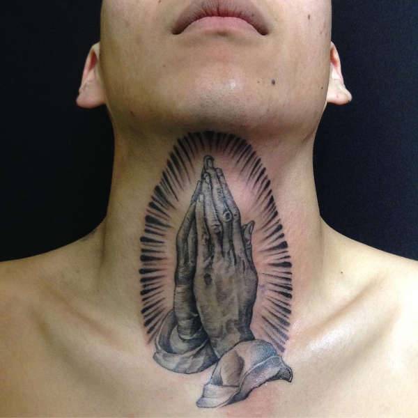 praying hands tattoo on neck