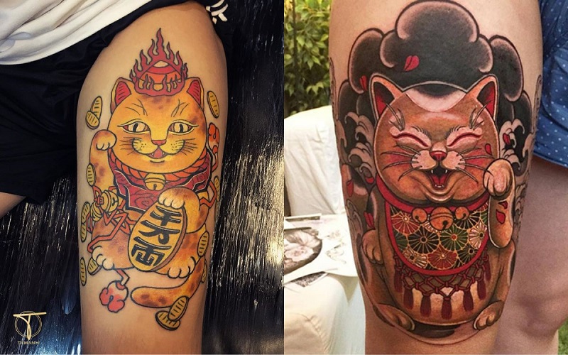 Fortune cat thigh tattoo