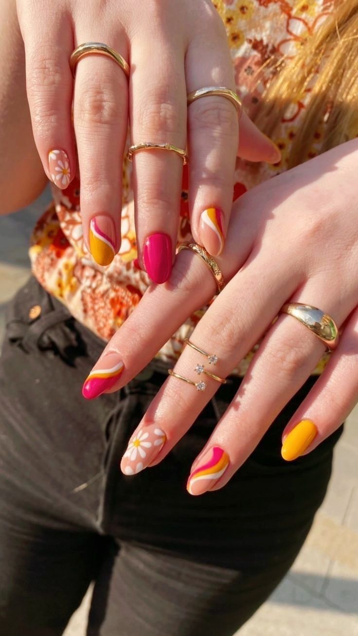 Retro nail designs with hearts and swirls