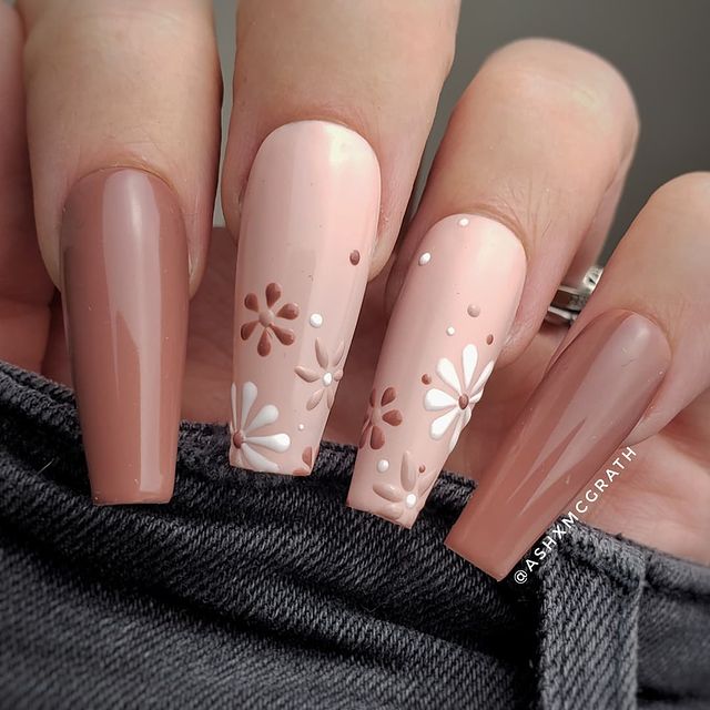 Brown Nude Nails with Flowers