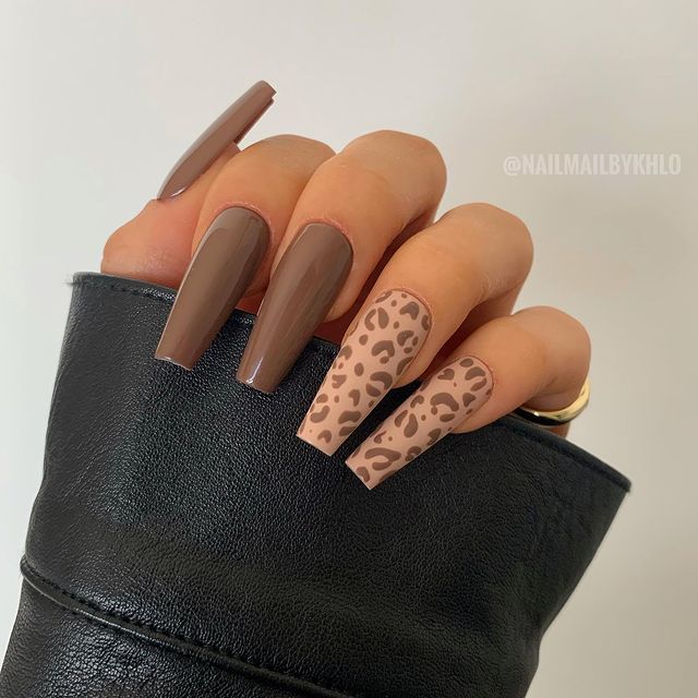 Gradient Brown Nails with Cheetah Print