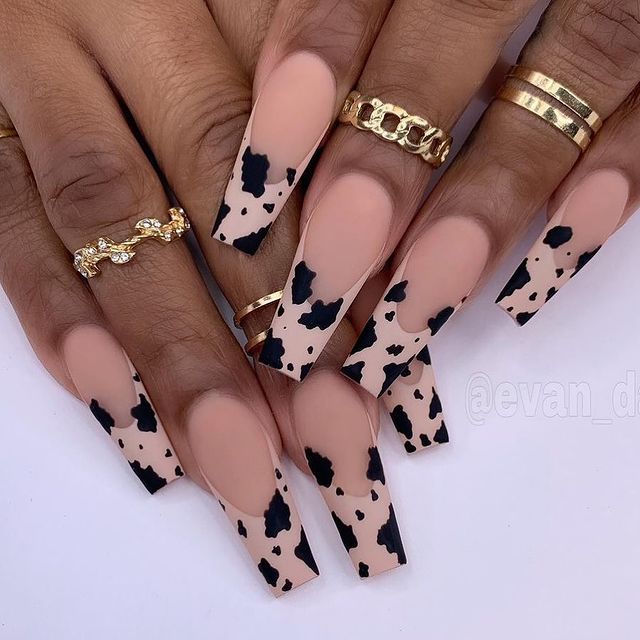 Nude Cow Print French Tips