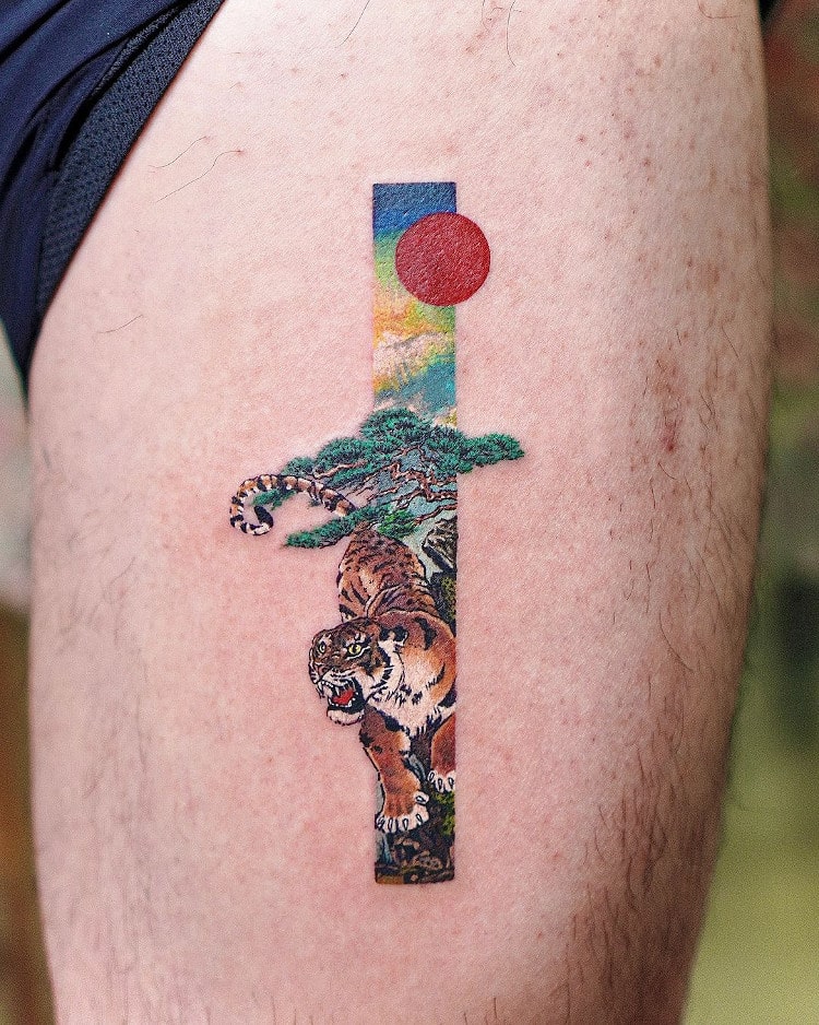 Vertical tattoos featuring East Asian elements