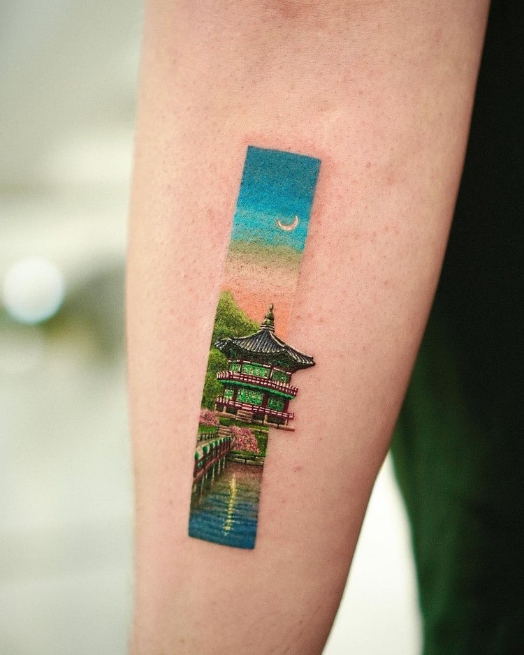 Vertical tattoos featuring East Asian elements