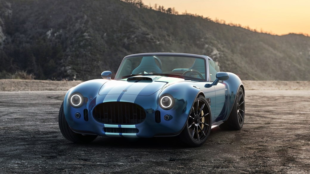 AC Cobra GT Roadster (2023): front three quarter static, blue car, CAD render in wilderness