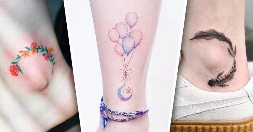 1 TOP 1 Tatuajes en el Tobillo Ramita colorida pequena con flores rojas y amarillas y ramas verdes Luna y Globos Pez koi Negro