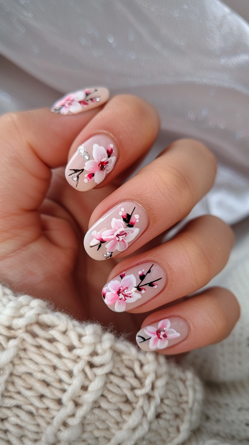 This nail art features a soft pink base with 3D cherry blossoms and sparkling accents on short, rounded nails, complemented by delicate black branches.