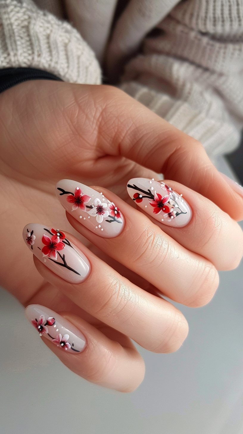 delicate cherry blossoms in shades of pink and red with black branches extending across a milky white base