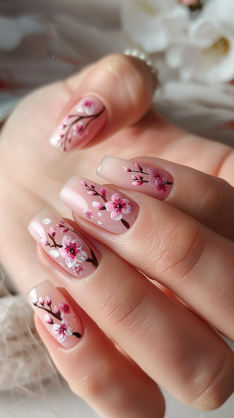 cherry blossoms in pink with darker pink centers on brown branches over a sheer pink base