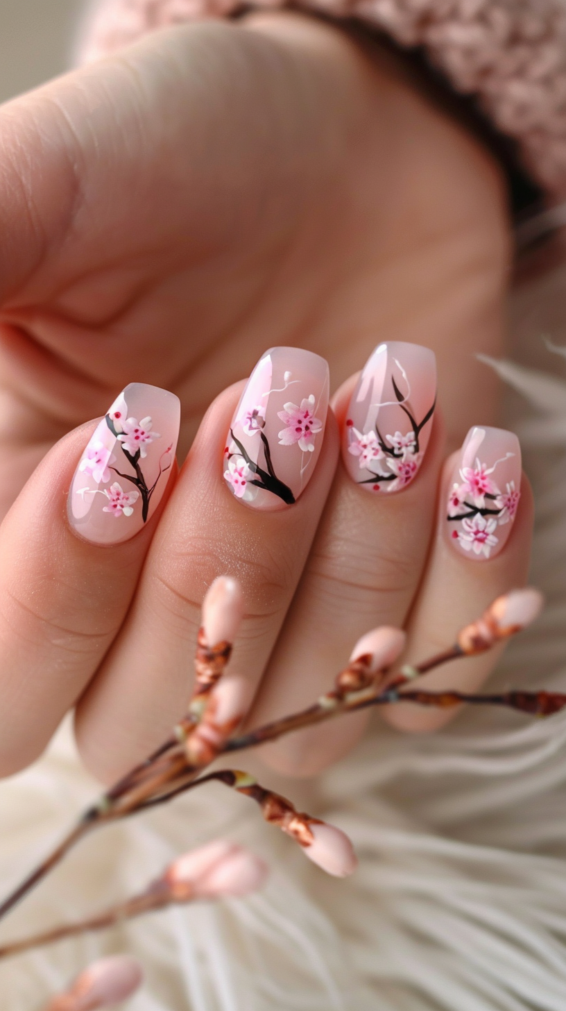 soft pink cherry blossoms with deep pink centers on dark branches, set against a sheer pink base