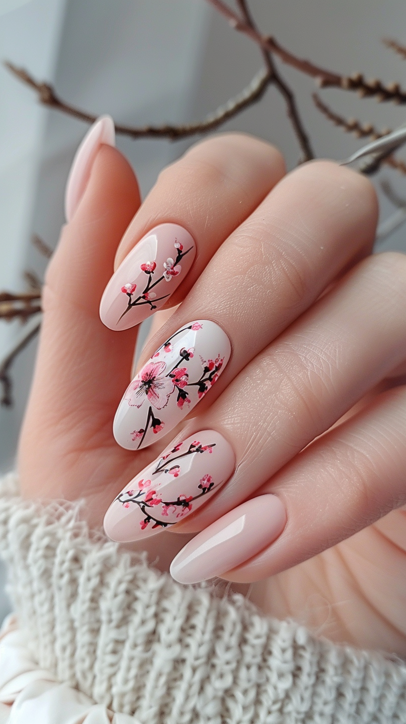 Oval nails feature a clean, pink base with detailed cherry blossoms and dark branches