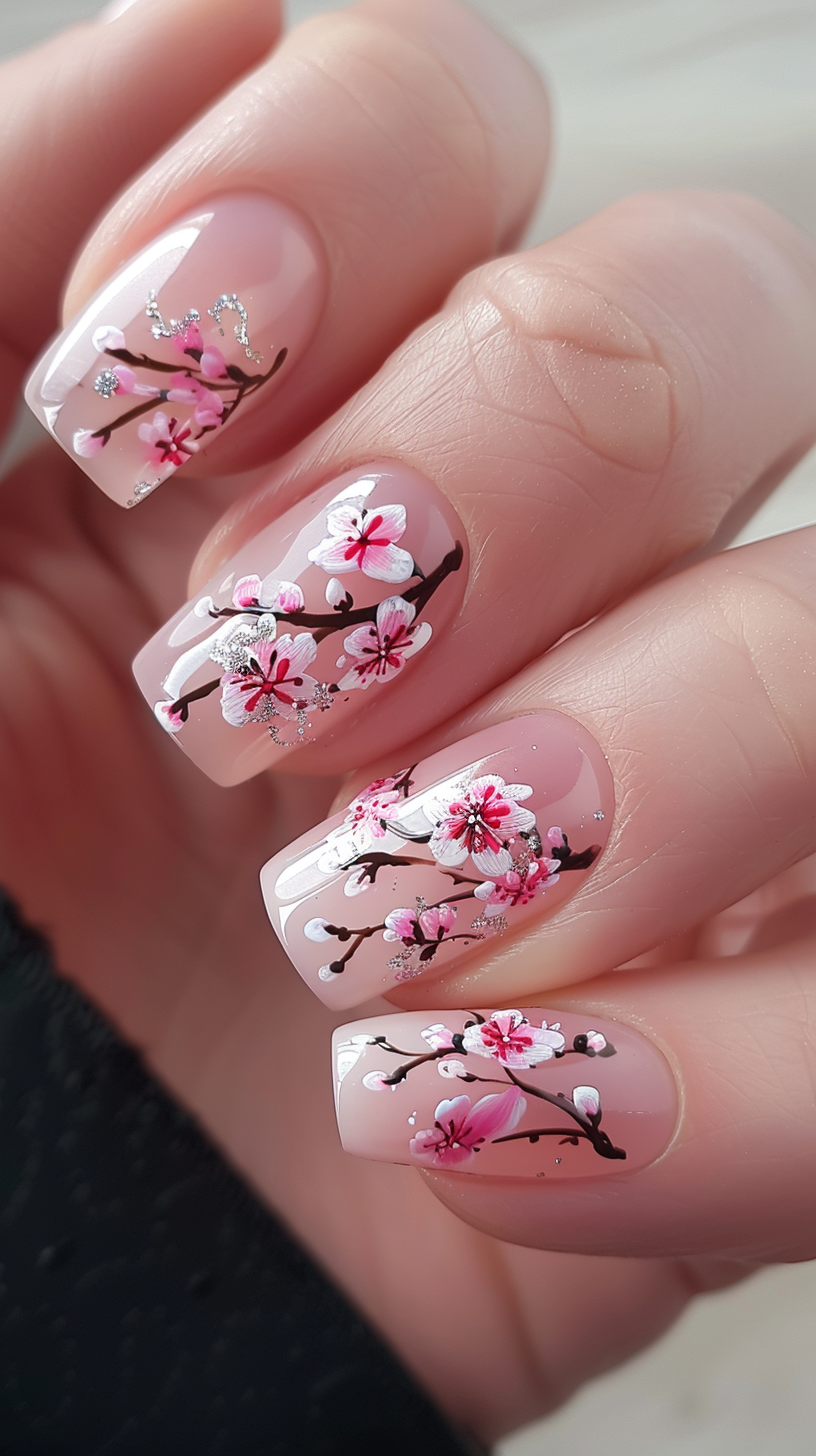 These rounded nails display a semi-transparent pink overlay with black branched cherry blossoms