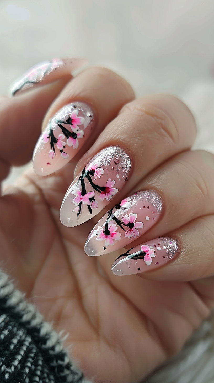 Almond-shaped nails feature a semi-transparent pink base, adorned with dark branches and vibrant pink cherry blossoms