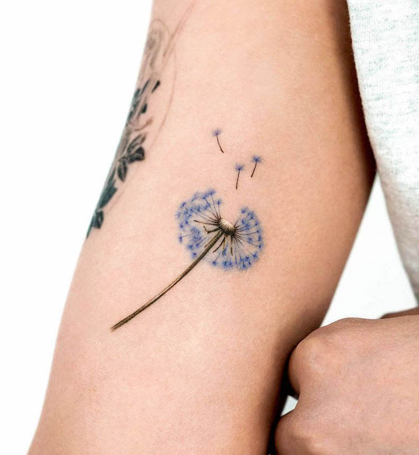 Blue dandelion tattoo by @oble_tattoo