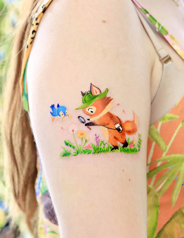 Fox and dandelion tattoo by @ovenlee.tattoo