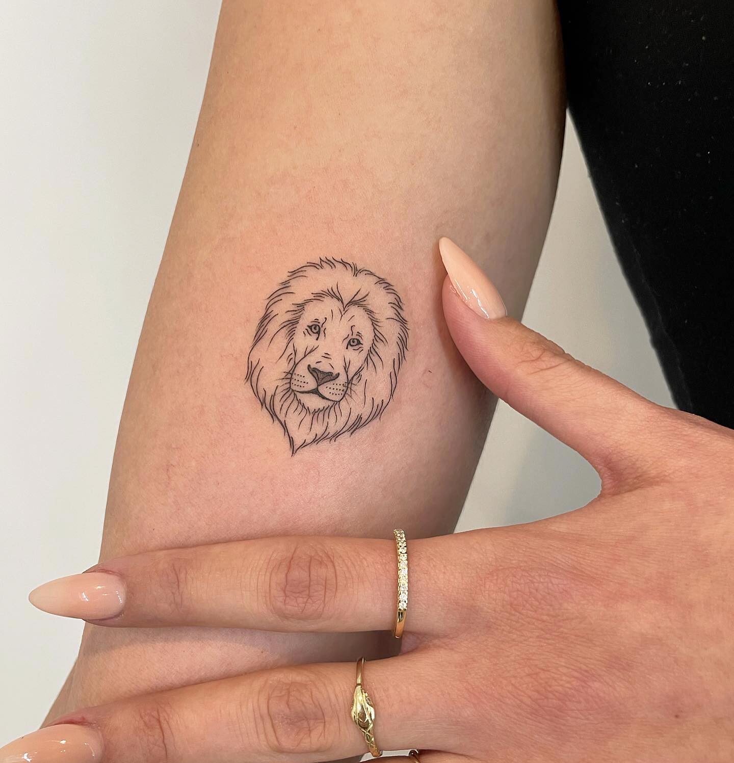 Fine line lion portrait tattoo on the inner arm