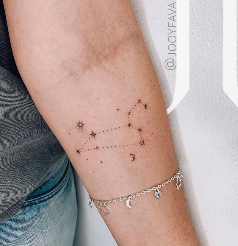 Minimalistic style Leo constellation tattoo located on the inner forearm