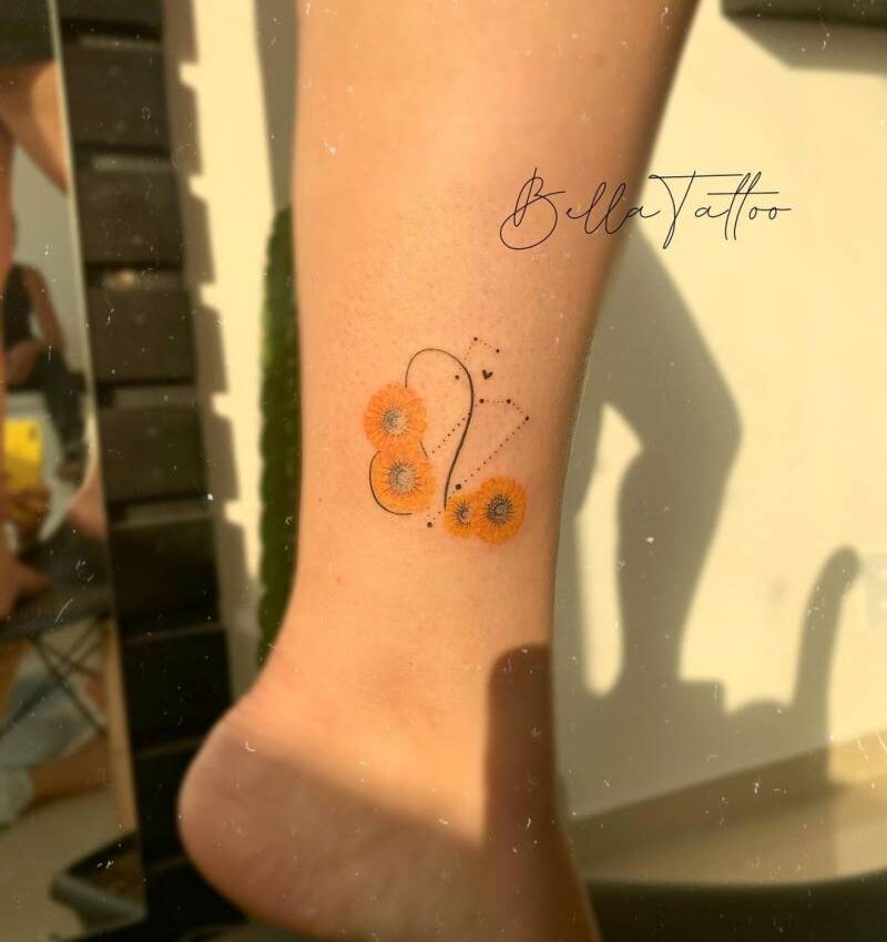 Leo zodiac symbol and constellation with sunflowers tattooed on the ankle