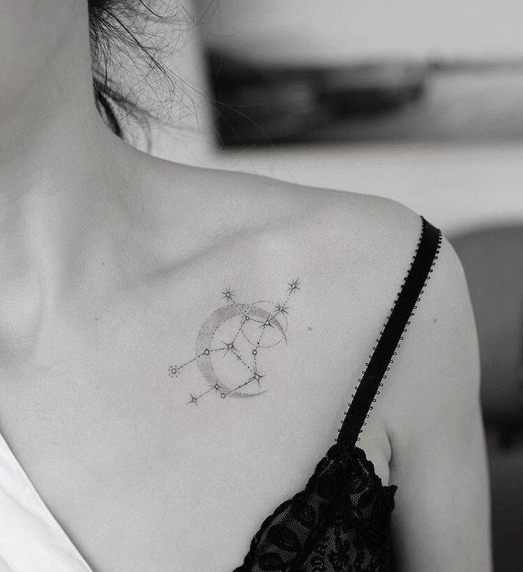 Virgo constellation and crescent moon tattoo on the chest