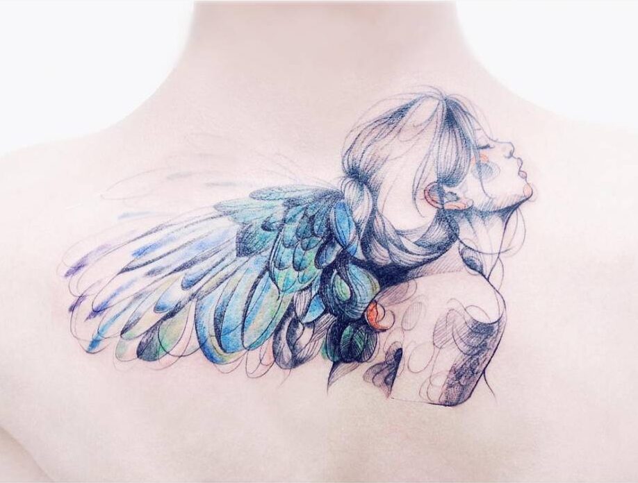 Sketch work angel tattoo on the upper back
