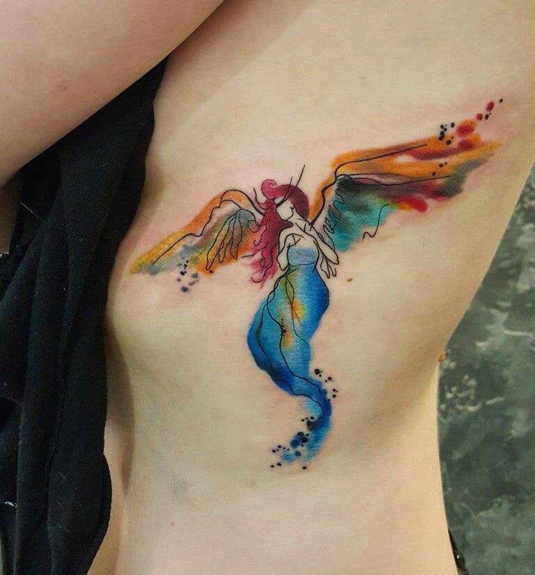 Watercolor style mermaid angel tattoo on the left side ribcage