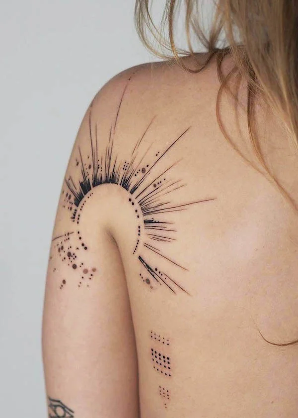 Black fine line sun tattoo by @blocktat