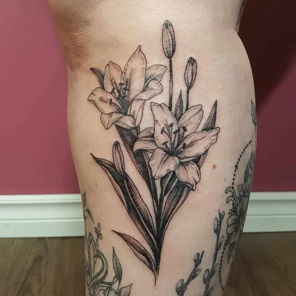 Leg Design Black Ink Lily Tattoo